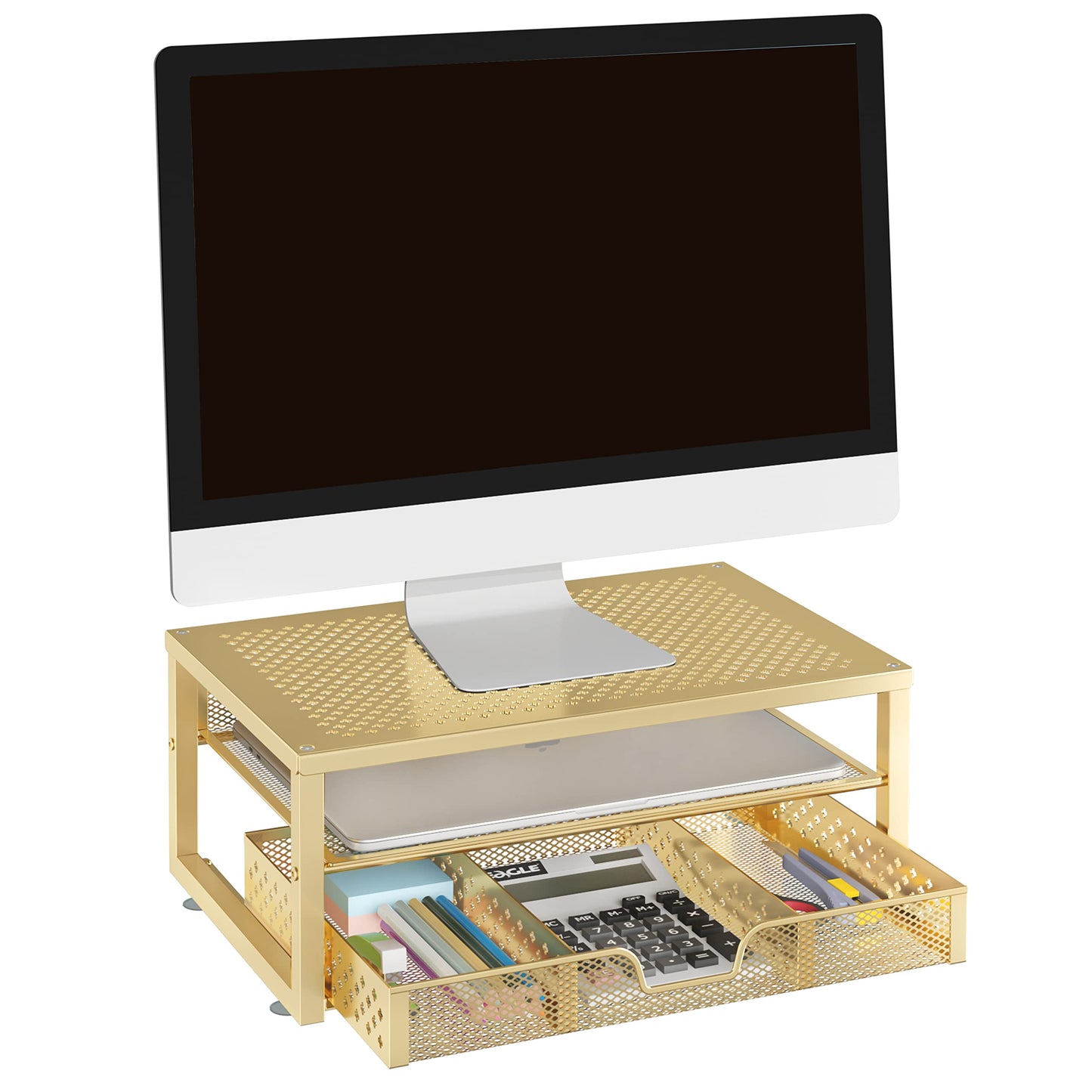 Simple Trending-Metal Monitor Stand Riser and Computer Desk Organizer with Drawer for Laptop, Computer, iMac