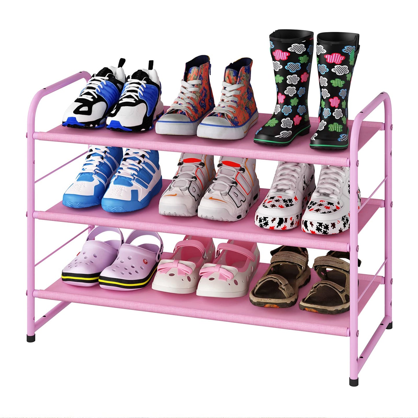 Simple Trending 3-Tier Stackable Shoe Rack, Expandable & Adjustable Fabric Shoe Shelf Storage Organizer