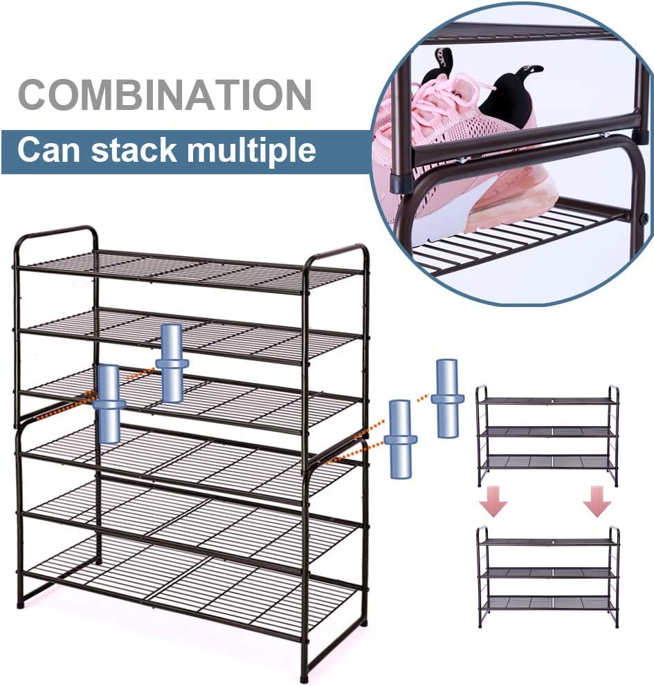 Simple Trending 3-Tier Stackable Shoe Rack, Expandable & Adjustable Shoe Shelf Storage Organizer, Wire Grid, Bronze