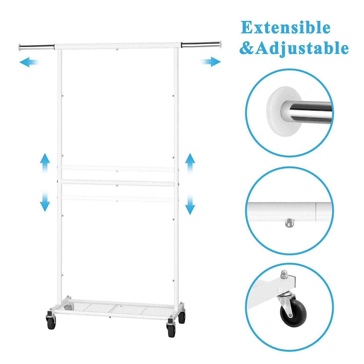 Simple Trending Standard Clothing Garment Rack, Rolling Clothes Organizer with Wheels and Bottom Shelves