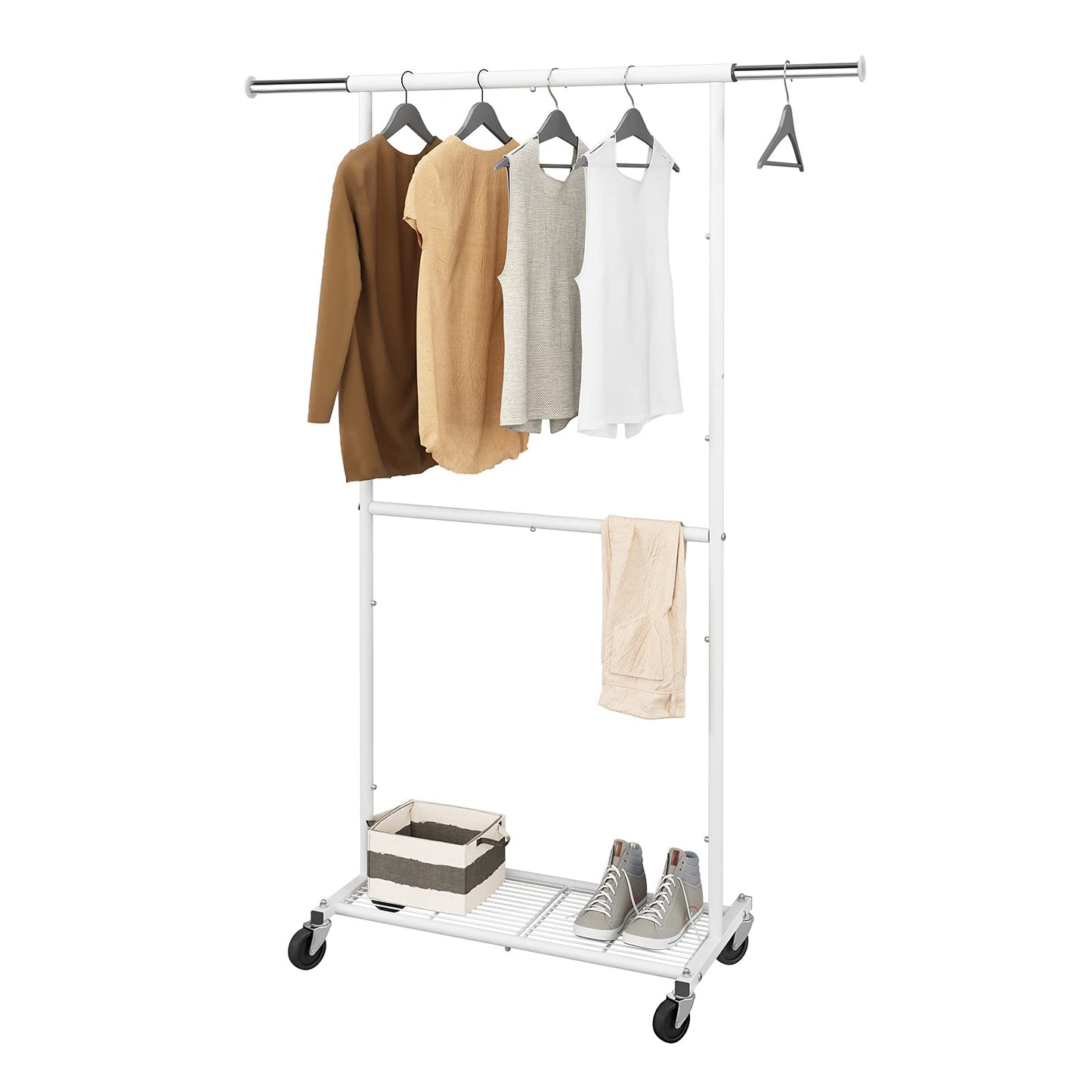 Simple Trending Standard Clothing Garment Rack, Rolling Clothes Organizer with Wheels and Bottom Shelves