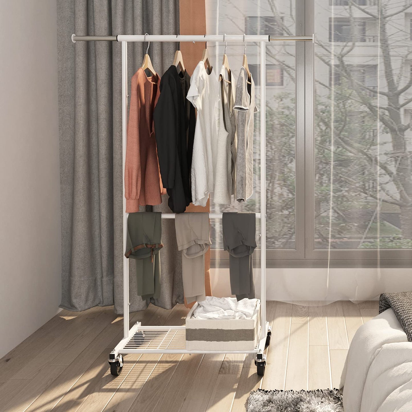 Simple Trending Standard Clothing Garment Rack, Rolling Clothes Organizer with Wheels and Bottom Shelves