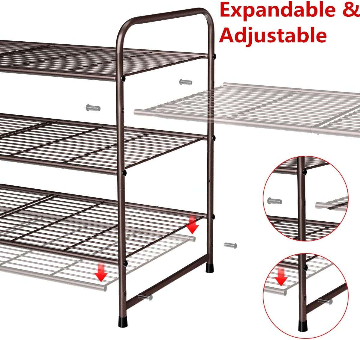Simple Trending 3-Tier Stackable Shoe Rack, Expandable & Adjustable Shoe Shelf Storage Organizer, Wire Grid, Bronze