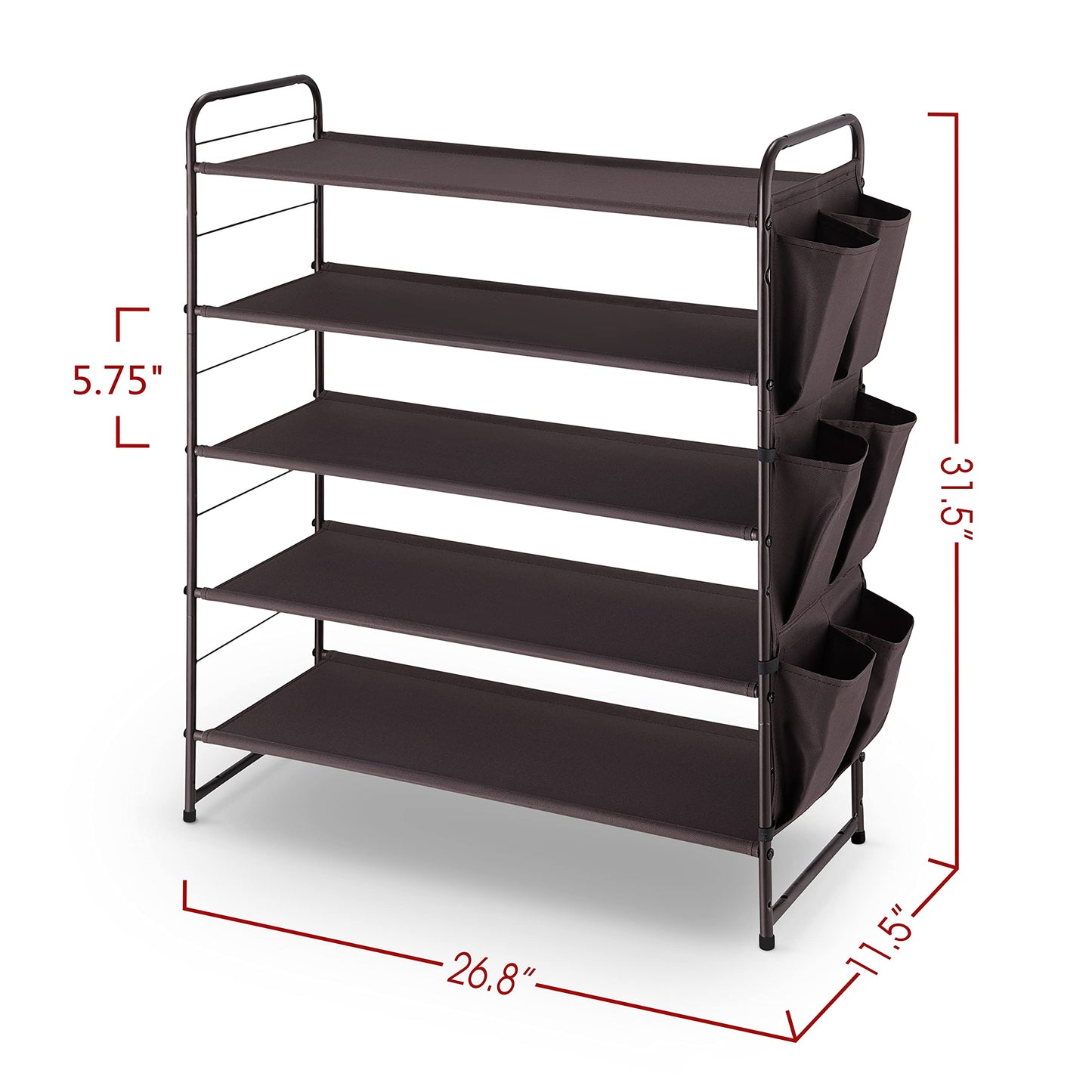 Simple Trending 5-Tier Stackable and Expandable Shoe Rack with Side 6 Shoes Pockets