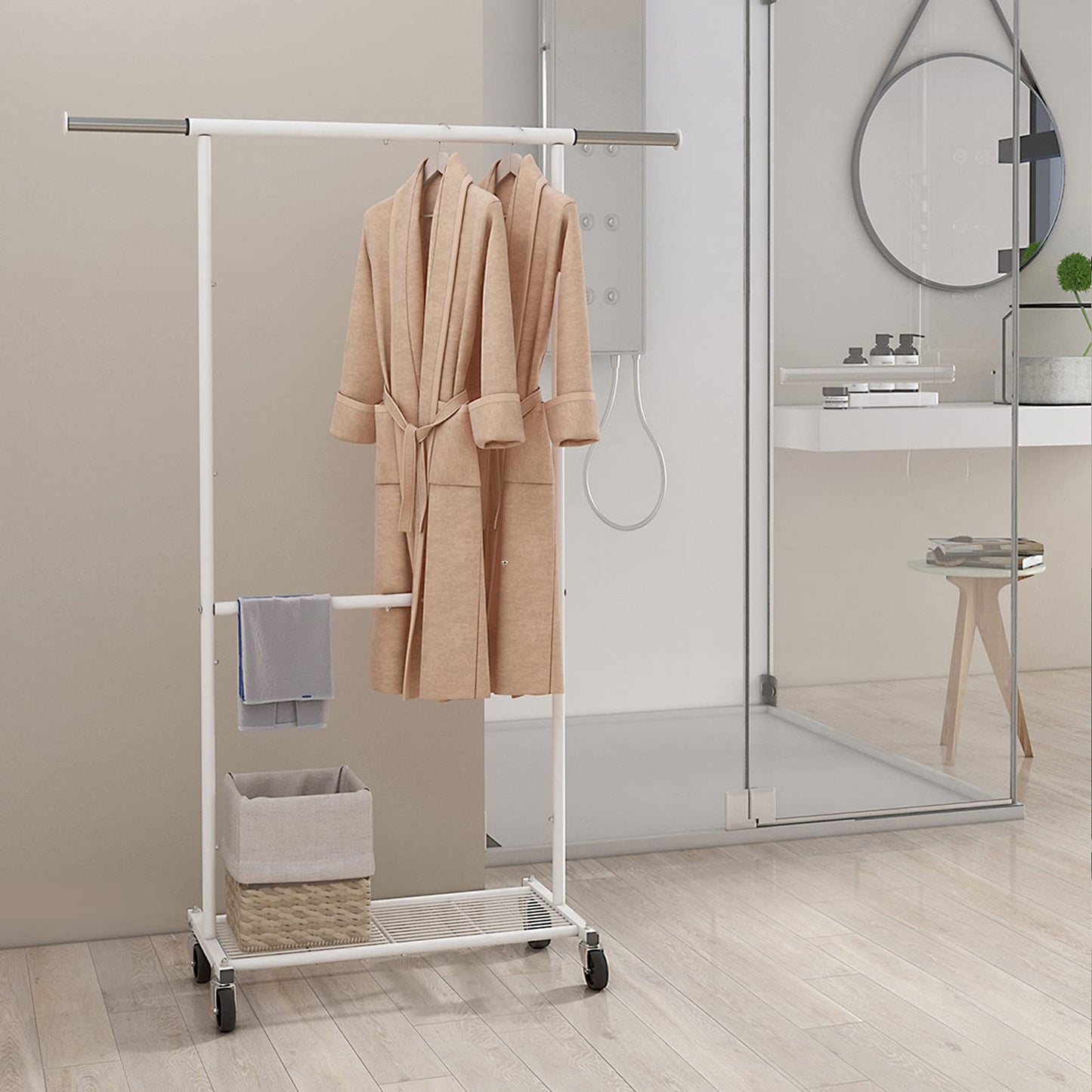 Simple Trending Standard Clothing Garment Rack, Rolling Clothes Organizer with Wheels and Bottom Shelves