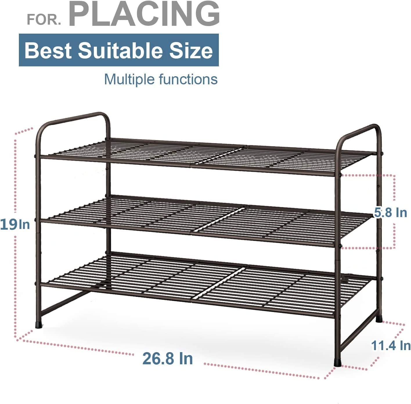 Simple Trending 3-Tier Stackable Shoe Rack, Expandable & Adjustable Shoe Shelf Storage Organizer, Wire Grid, Bronze