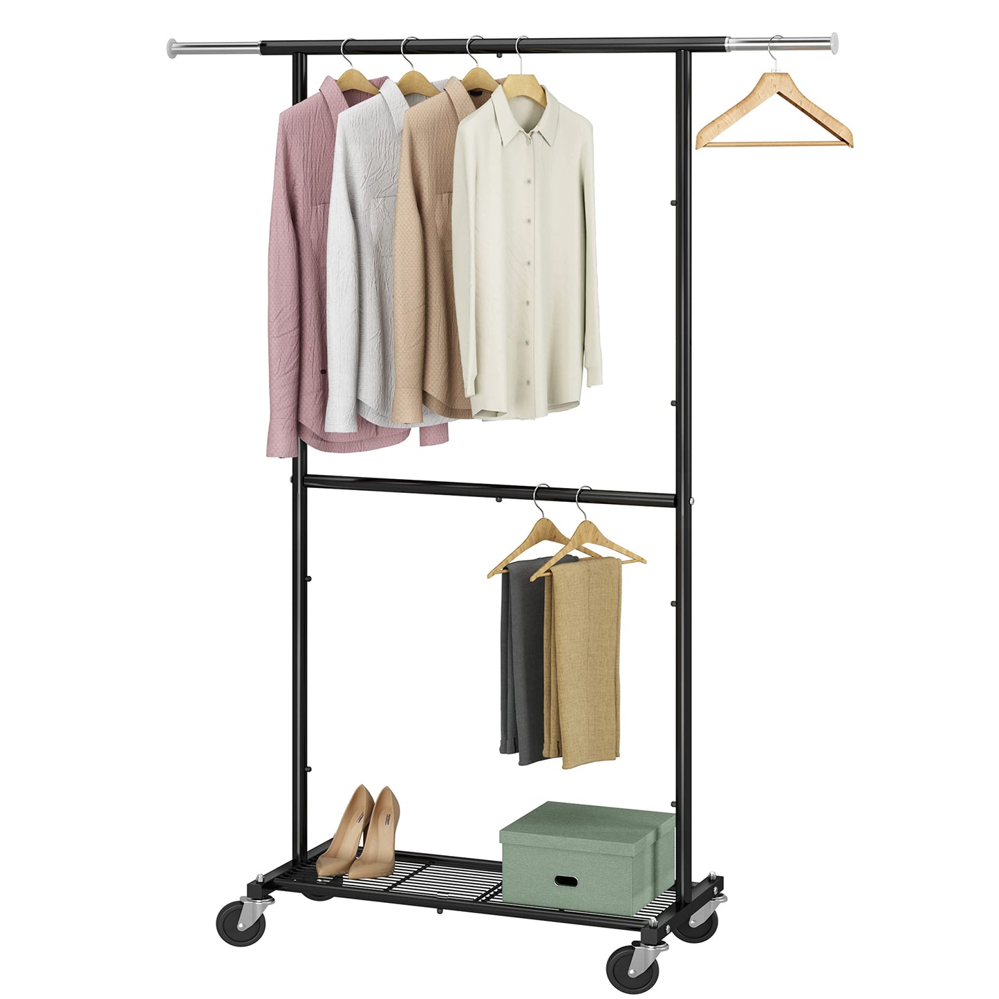 Simple Trending Standard Clothing Garment Rack, Rolling Clothes Organizer with Wheels and Bottom Shelves