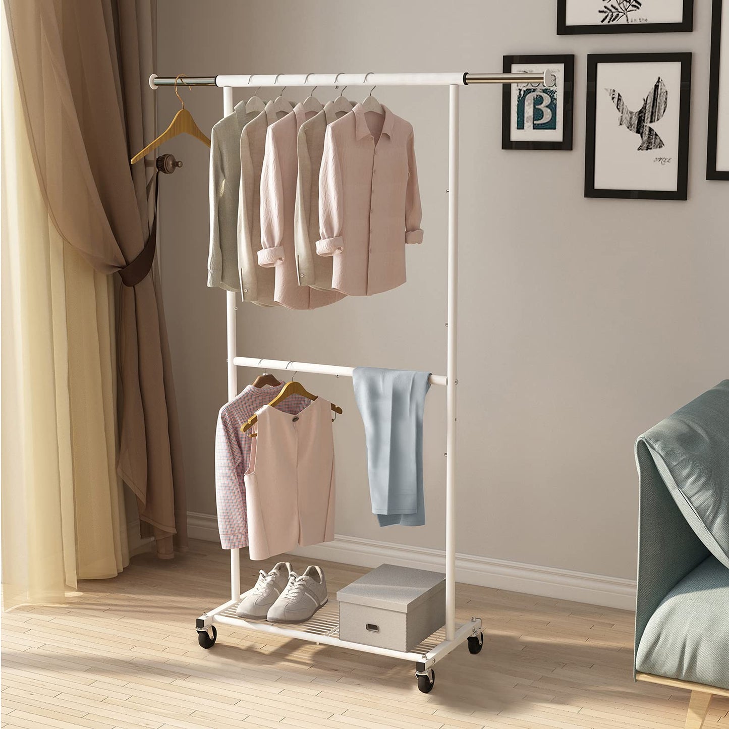 Simple Trending Standard Clothing Garment Rack, Rolling Clothes Organizer with Wheels and Bottom Shelves