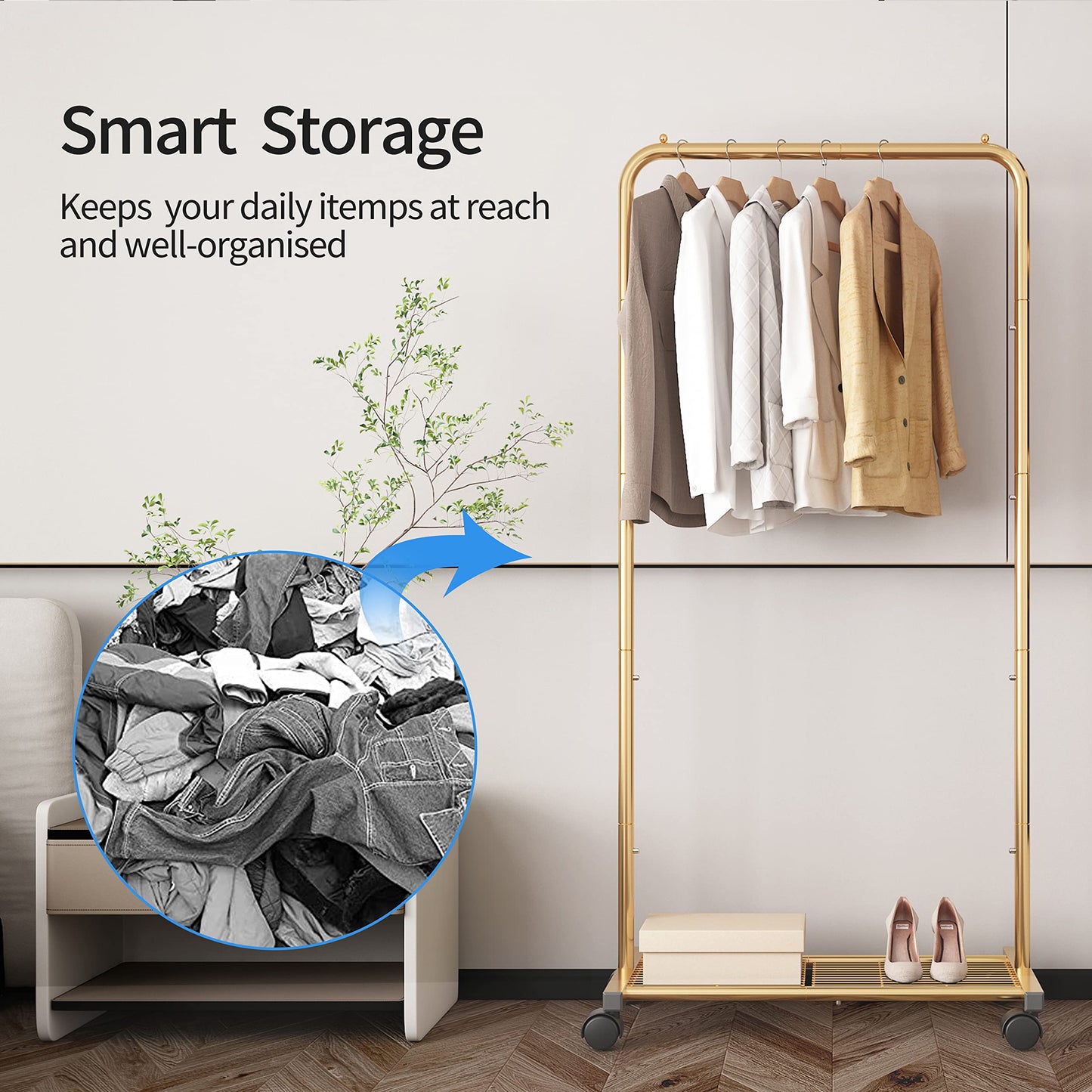 Simple Trending Standard Clothes Garment Rack, Clothing Rolling Rack with Mesh Storage Shelf on Wheels