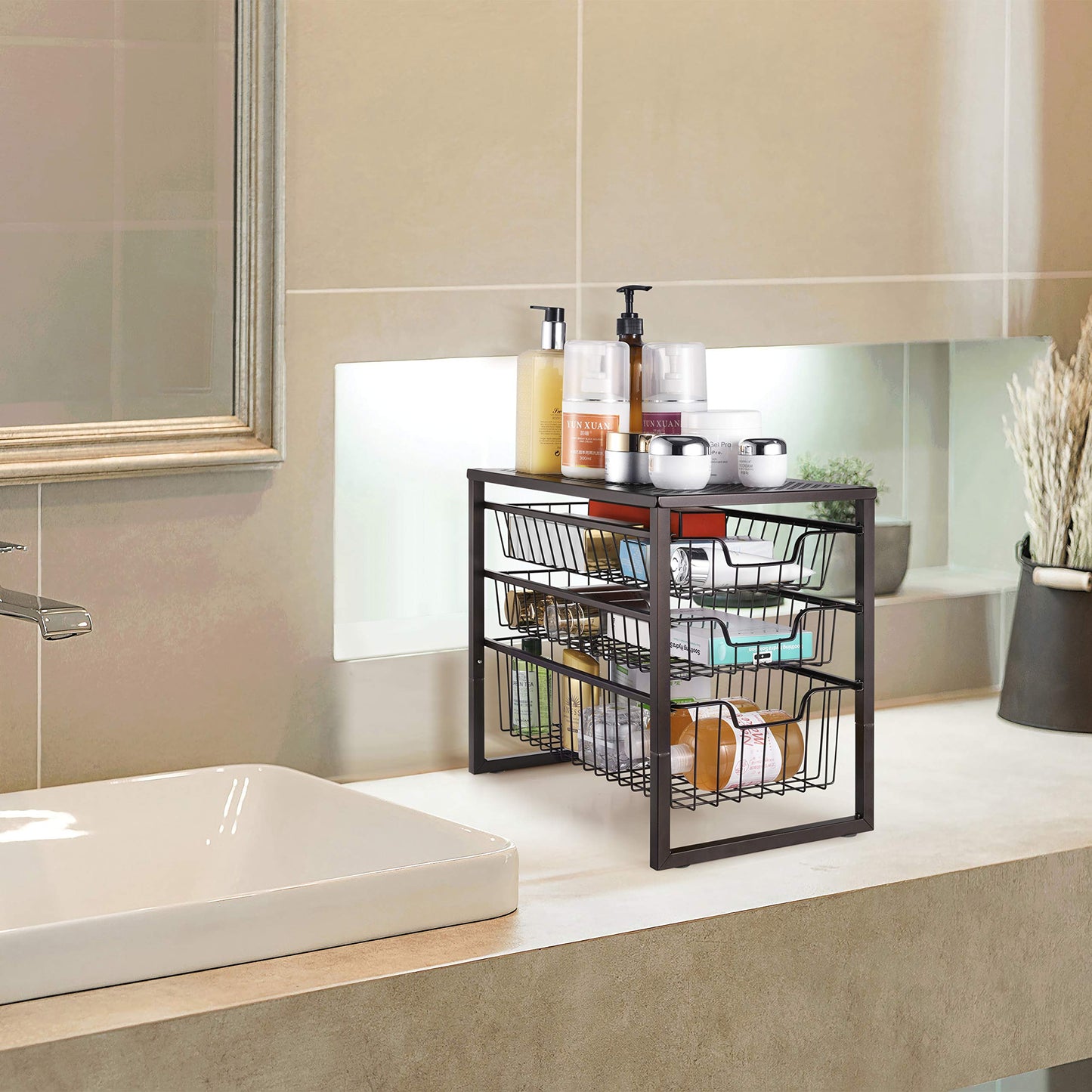 Simple Trending 3-Tier Under Sink Cabinet Organizer with Sliding Storage Drawer, Desktop Organizer for Kitchen Bathroom Office, Stackable