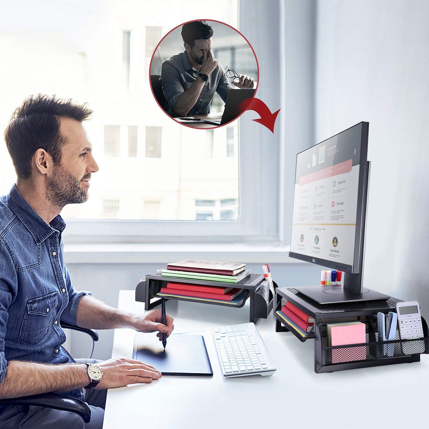 Simple Trending Metal Monitor Riser Stand and Computer Desk Organizer with Drawer