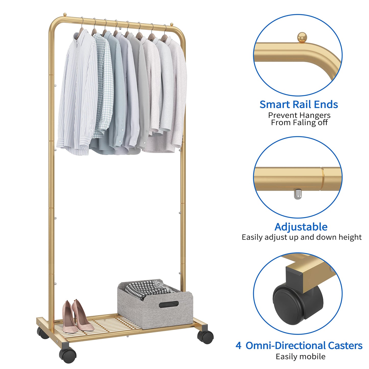 Simple Trending Standard Clothes Garment Rack, Clothing Rolling Rack with Mesh Storage Shelf on Wheels