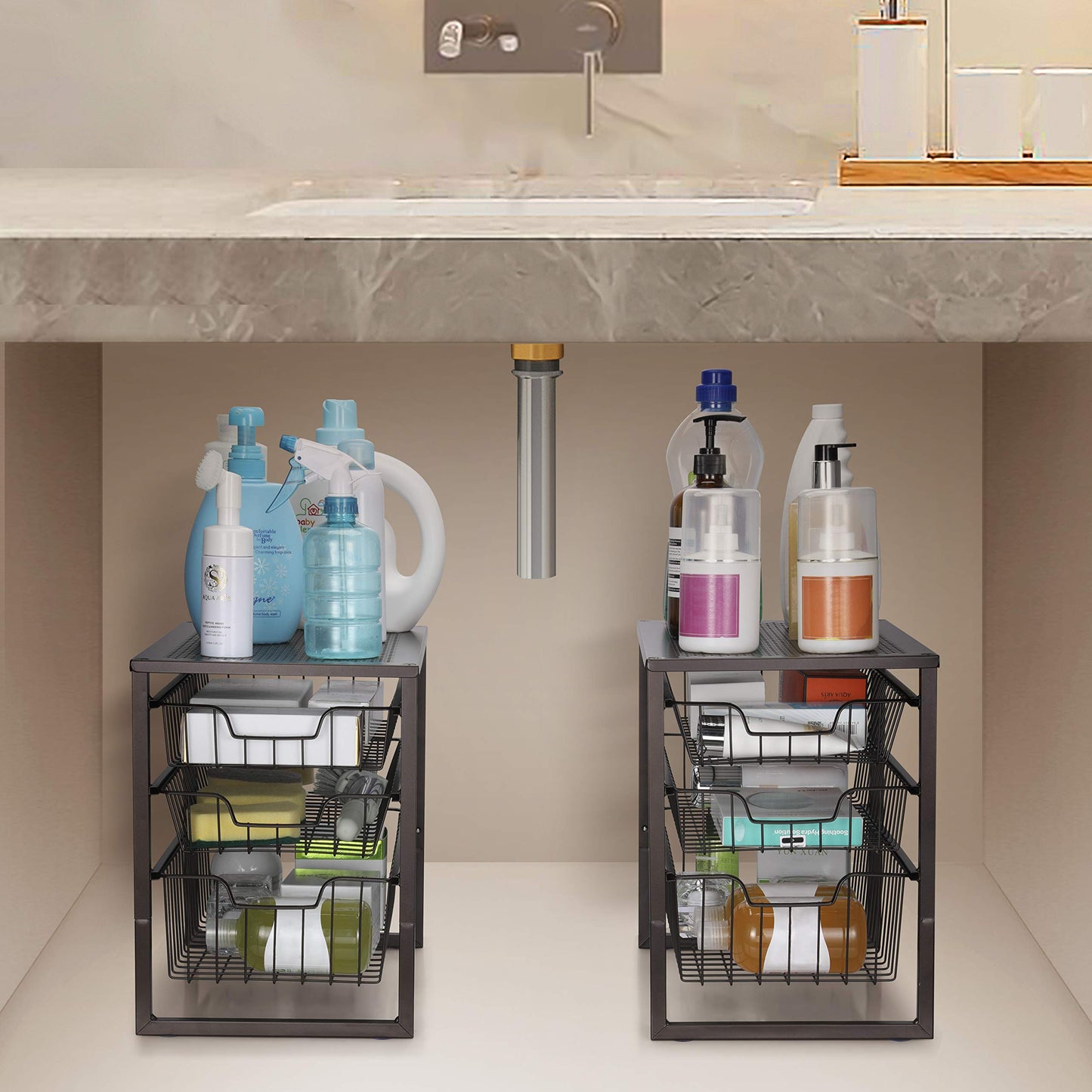 Simple Trending 3-Tier Under Sink Cabinet Organizer with Sliding Storage Drawer, Desktop Organizer for Kitchen Bathroom Office, Stackable