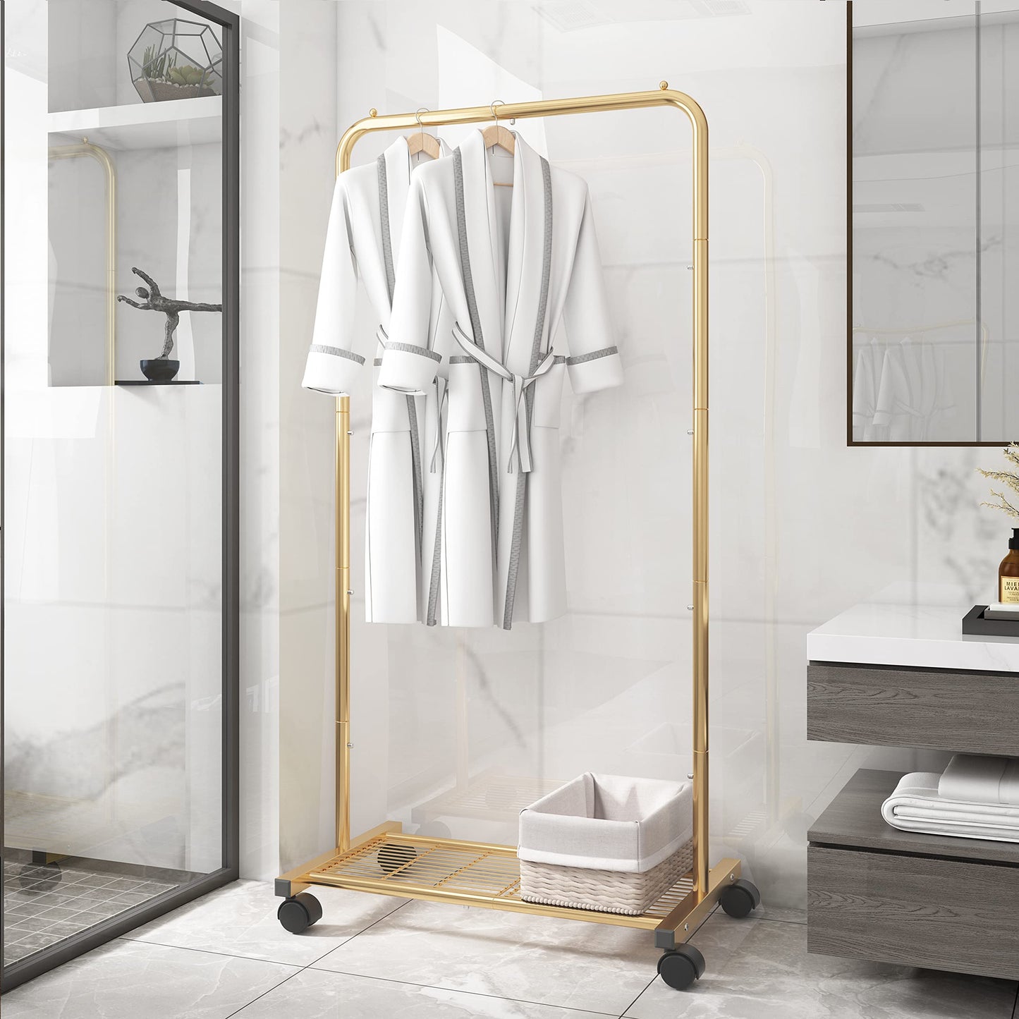 Simple Trending Standard Clothes Garment Rack, Clothing Rolling Rack with Mesh Storage Shelf on Wheels
