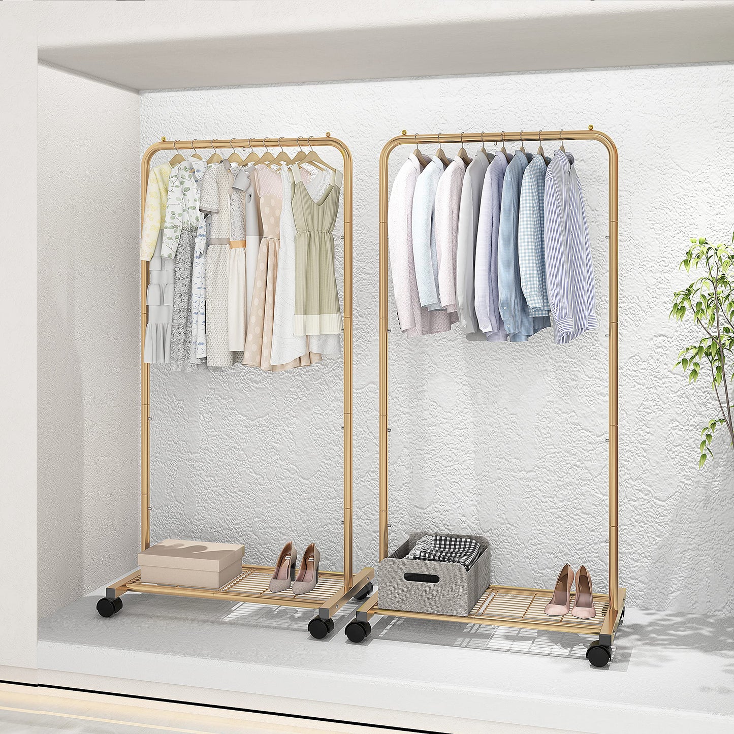 Simple Trending Standard Clothes Garment Rack, Clothing Rolling Rack with Mesh Storage Shelf on Wheels