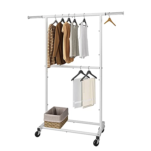 Simple Trending Double Rod Clothing Garment Rack, Rolling Clothes Organizer  on Wheels for Hanging Clothes,with 4 hooks, Chrome