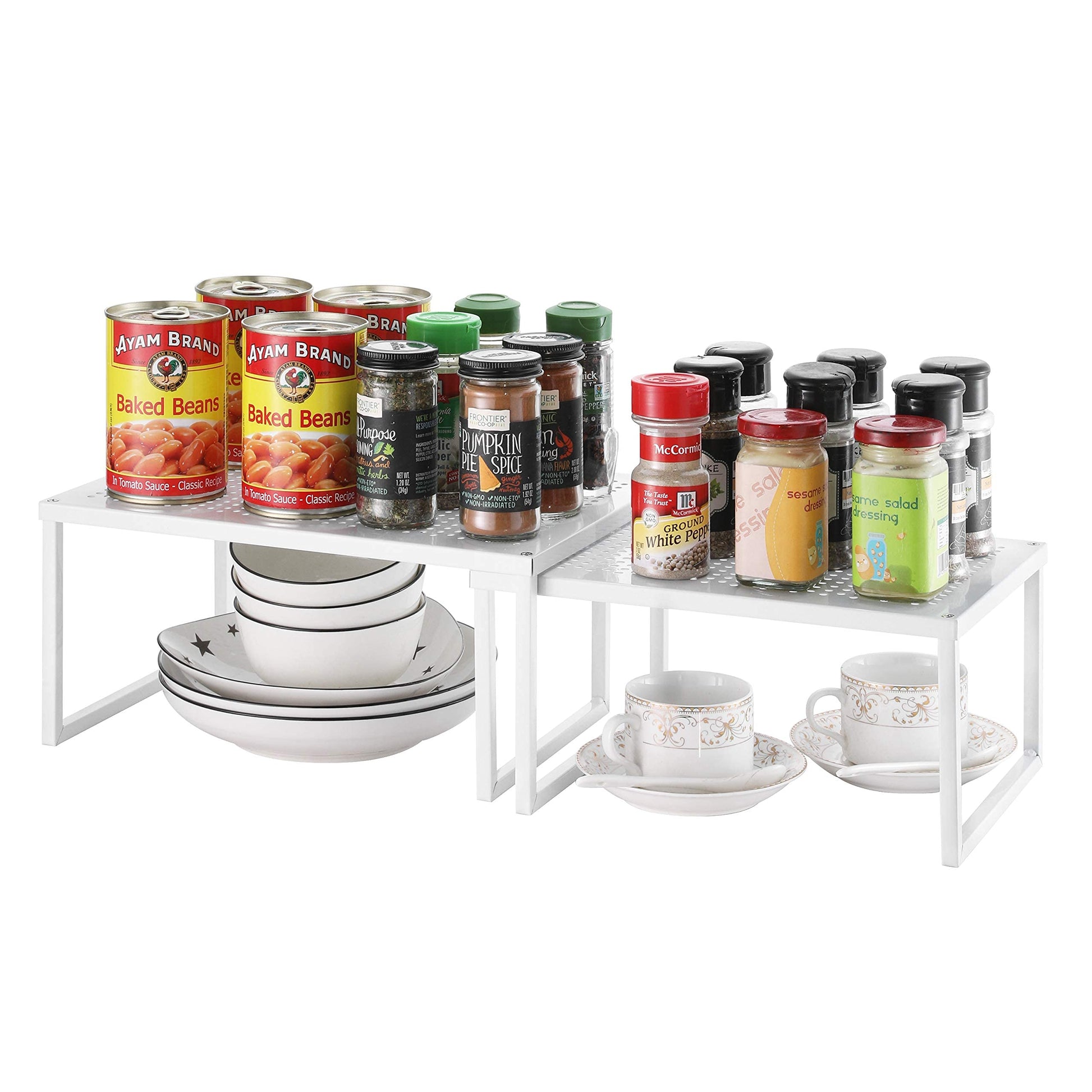 Masirs Clear Stackable Shelf, Easily Organize Your Kitchen Counter and Cabinet Shelves While Creating Extra Storage Space with This Foldable