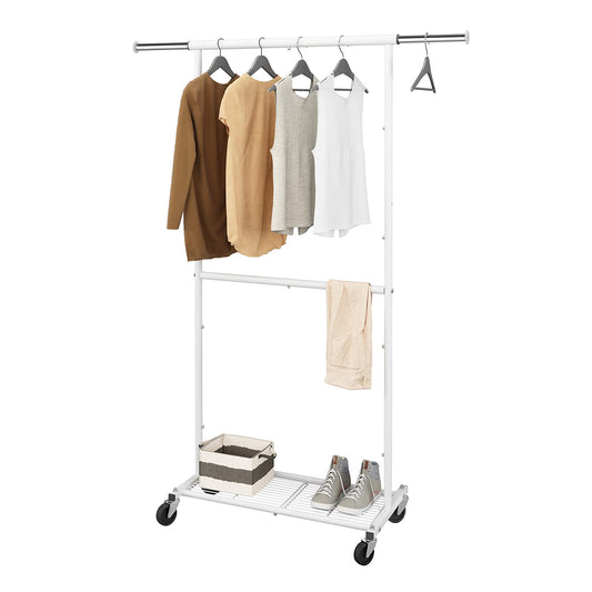Simple Trending Standard Clothing Garment Rack, Rolling Clothes Organizer with Wheels and Bottom Shelves