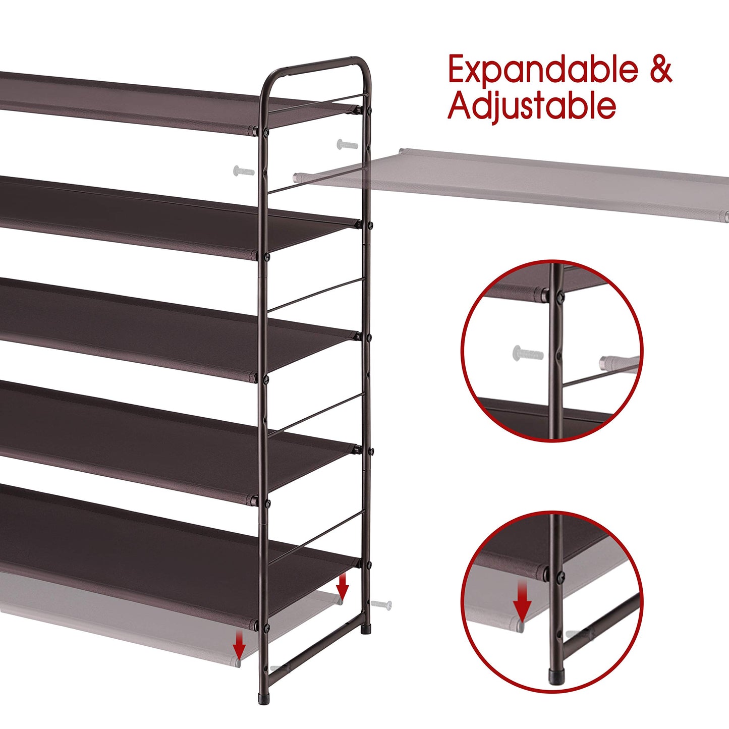 Simple Trending 5-Tier Stackable and Expandable Shoe Rack with Side 6 Shoes Pockets