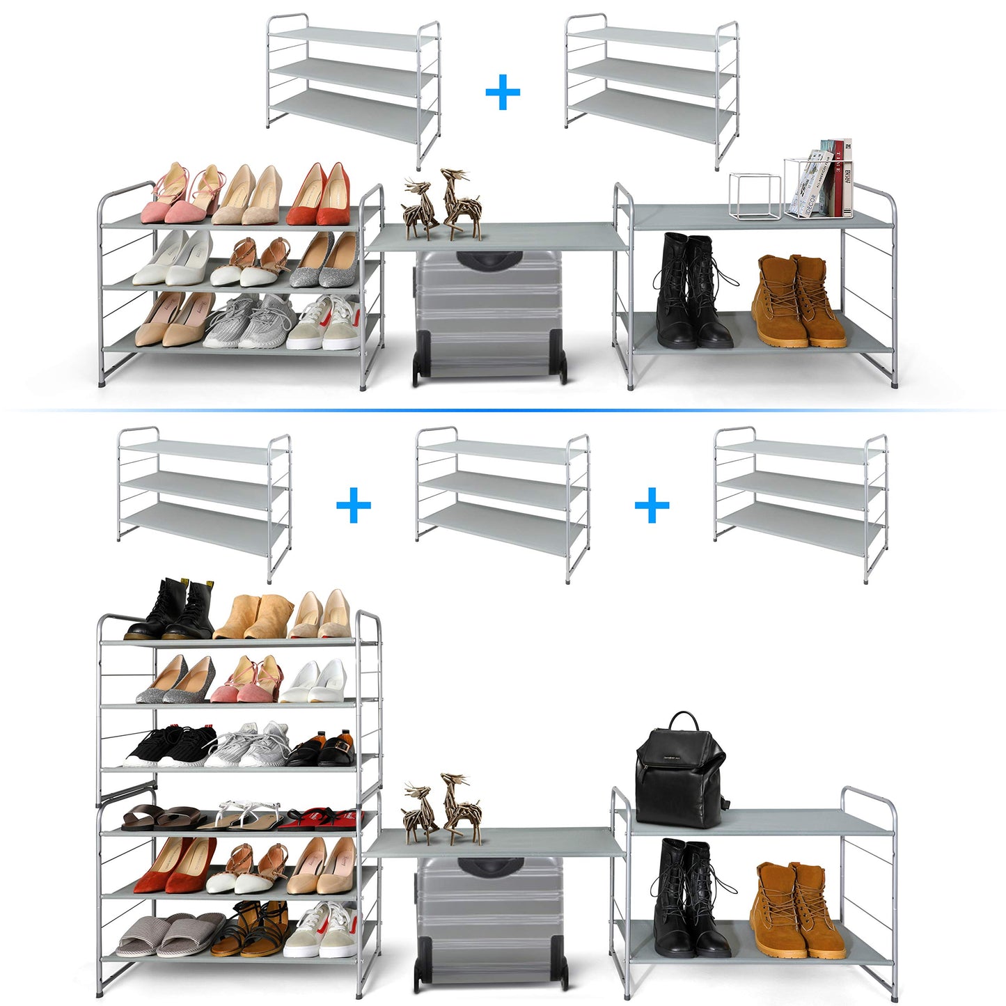 Simple Trending 3-Tier Stackable Shoe Rack, Expandable & Adjustable Fabric Shoe Shelf Storage Organizer