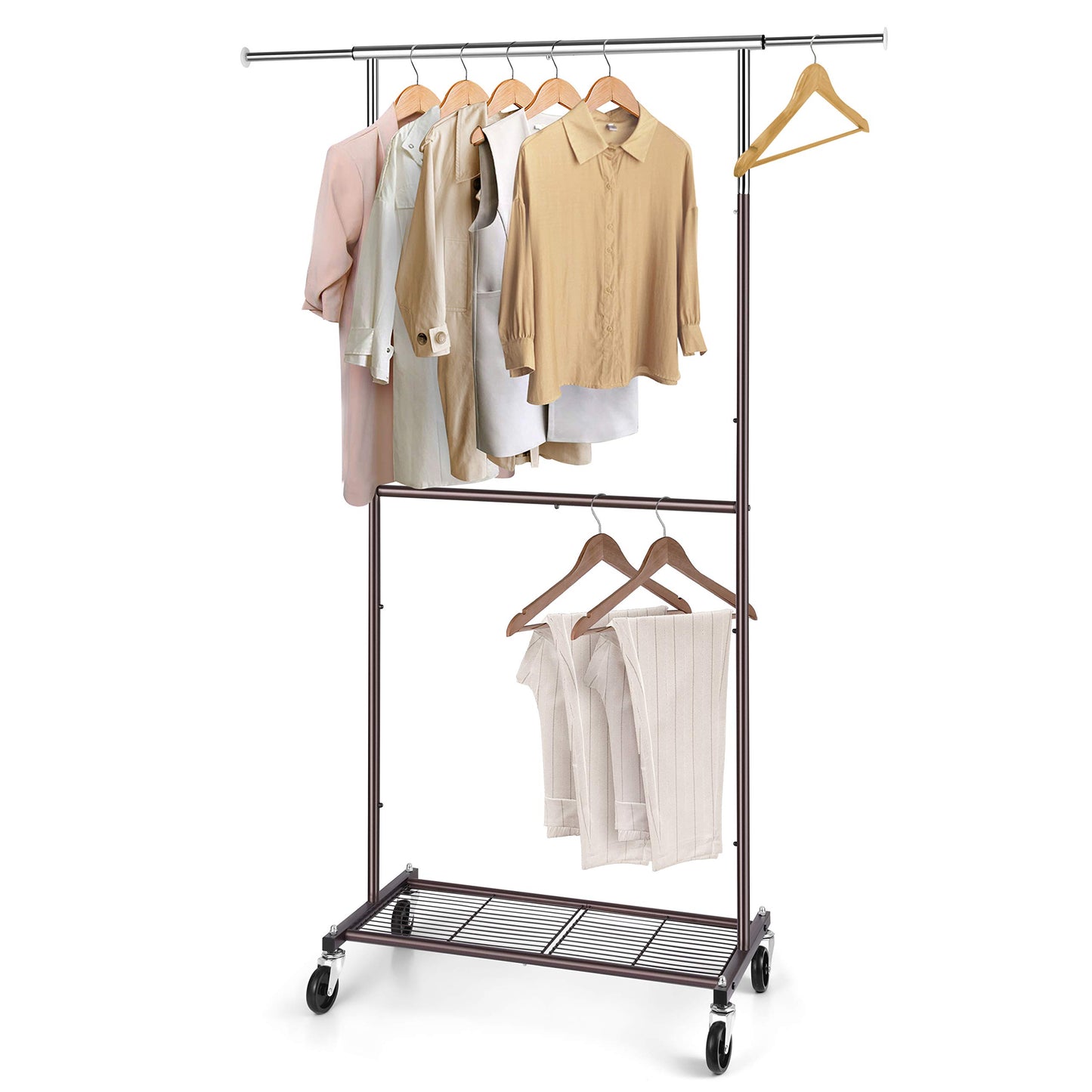Simple Trending Standard Clothing Garment Rack, Rolling Clothes Organizer with Wheels and Bottom Shelves