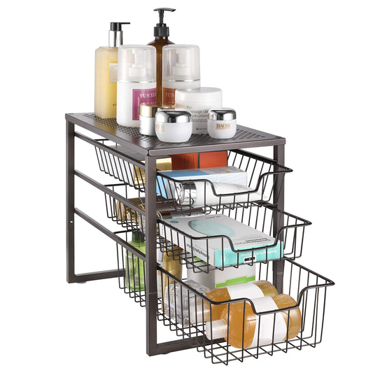 Simple Trending 3-Tier Under Sink Cabinet Organizer with Sliding Storage Drawer, Desktop Organizer for Kitchen Bathroom Office, Stackable