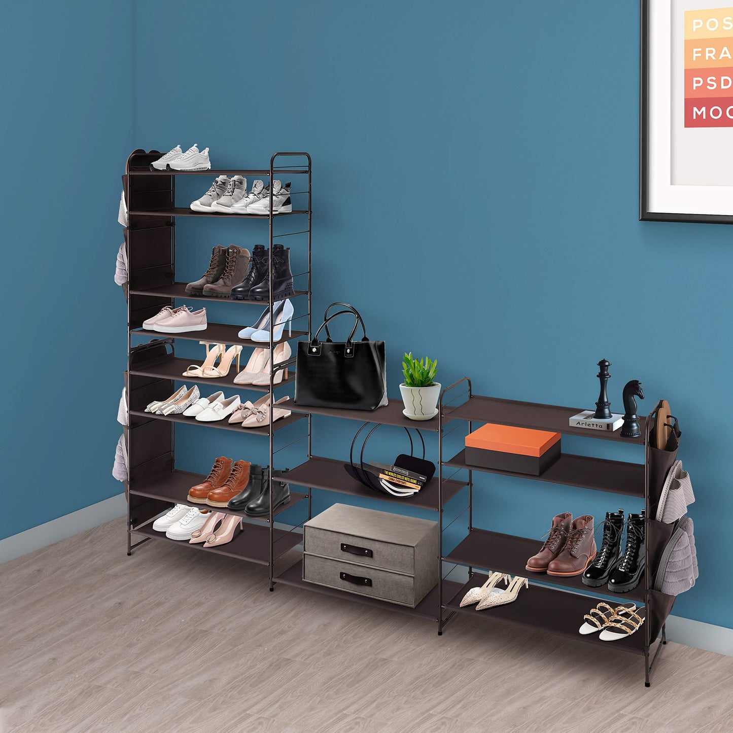Simple Trending 5-Tier Stackable and Expandable Shoe Rack with Side 6 Shoes Pockets