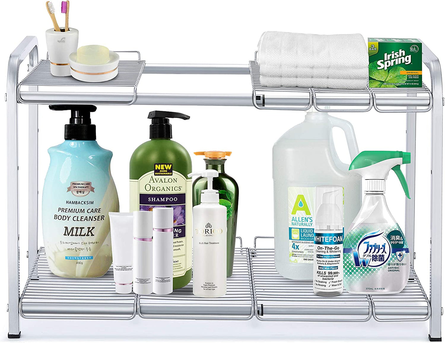 Simple Trending 2 Tier Under Sink Expandable Cabinet Shelf Organizer Rack for Kitchen Bathroom Storage, Silver