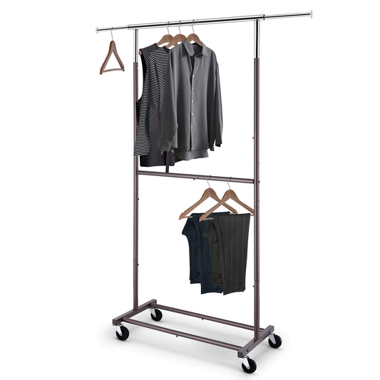 Simple Trending Double Rod Clothing Garment Rack, Rolling Clothes Organizer on Wheels for Hanging Clothes
