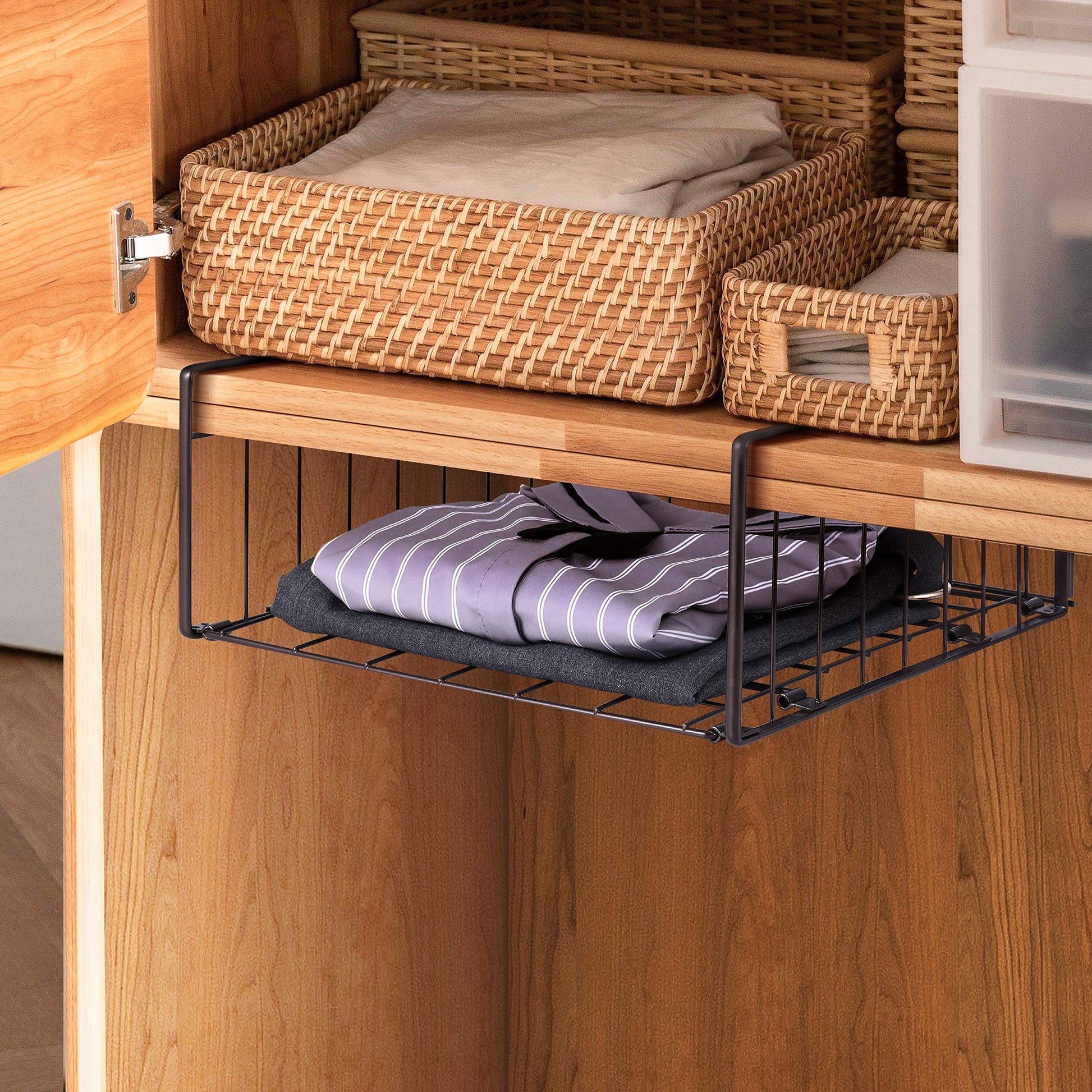 Masirs Kitchen Cabinet Organizer Set - Three Shelves, Two Under Shelf Baskets Will Instantly Create Additional Cabinet or Counter Storage Space to Organize